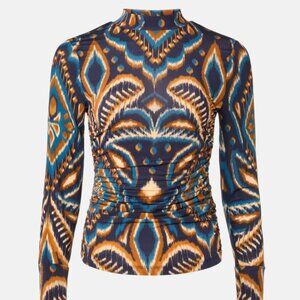 FARM Rio Pineapple Ikat Blouse in Blue Brown Orange Print Long Sleeve Turtleneck